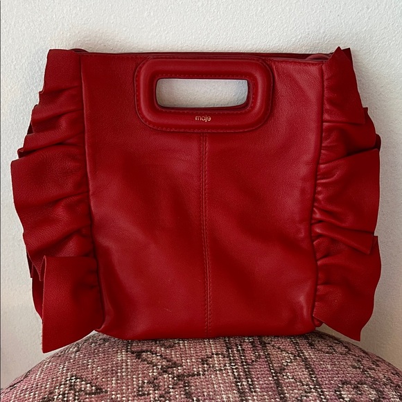 Maje Scarlet Red Ruffle Handbag - Picture 2 of 11